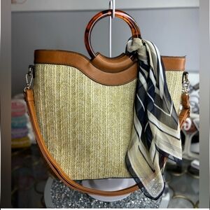 Elegant Tan and Brown Tote Bag with Scarf